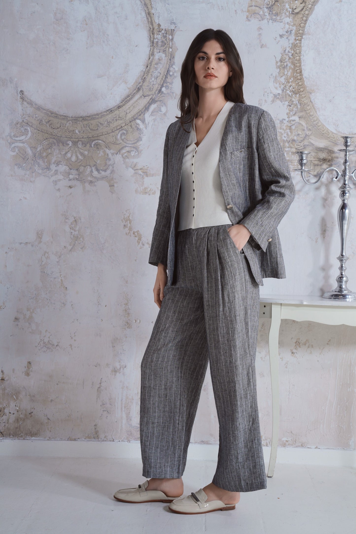 Pantalone in lino rigato